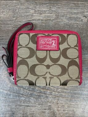 Coach Signature Zip Around Wallet Wristlet Khaki Raspberry F49085